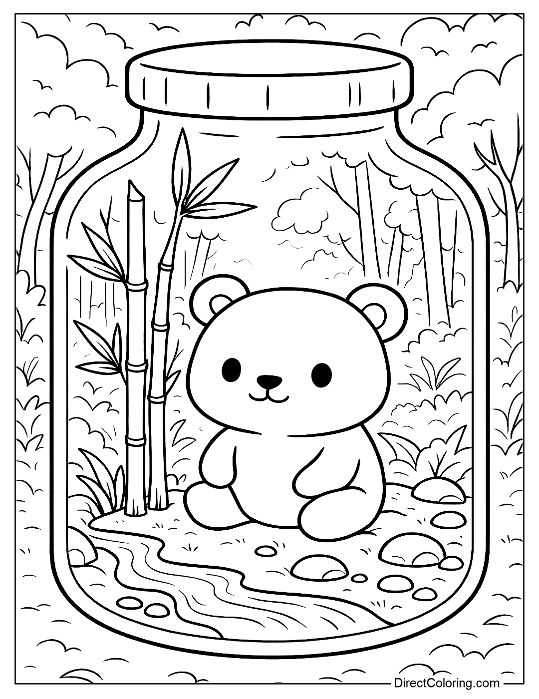 A panda in a jar, with a bamboo forest, small stream, and pebbles.